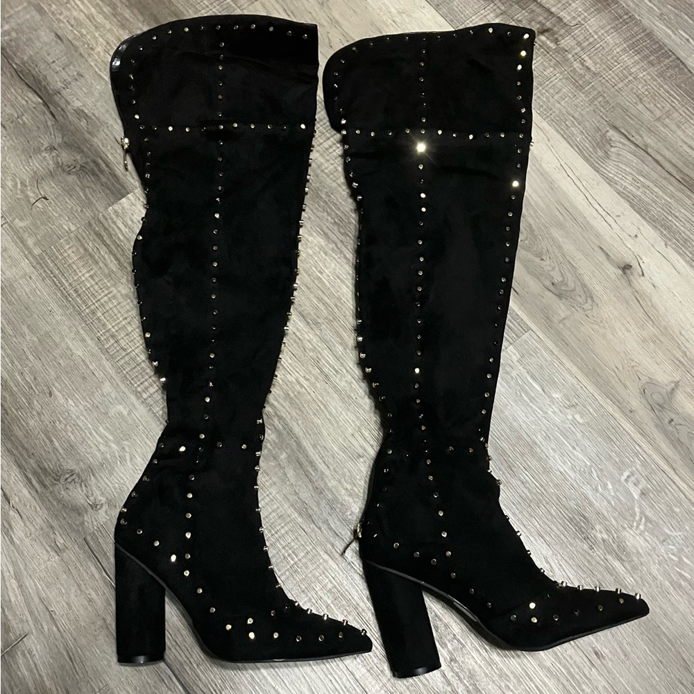 Venus Black Suade Studded Knee High Heeled Boots NWOT